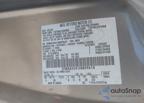 2002 Ford Windstar Se из США, поврежденный, VIN 2FMDA52412BB59618